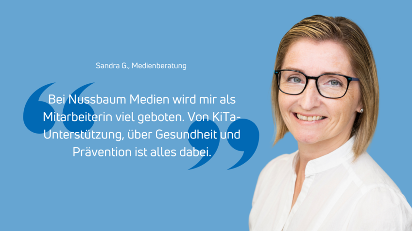 Rechts ein Bild der Mitarbeiterin Sandra, links davon stehen ihr Name, ihre Berufsbezeichnung sowie ein kurzes Zitat. 