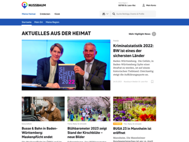 Eine Bildschirmaufnahme der Desktopansicht von NUSSBAUM.de, auf der das Logo, das Menü und beispielhafte Artikel zu sehen sind. 