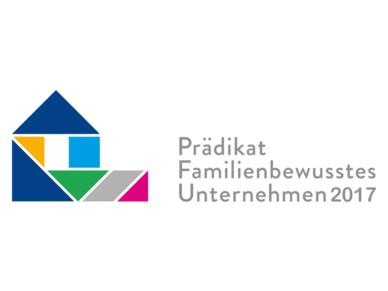 Prädikat Familienbewusstes Unternehmen Eine bunte Illustration eines Gebäudes aus geometrischen Formen mit dem Schriftzug des Abzeichens.