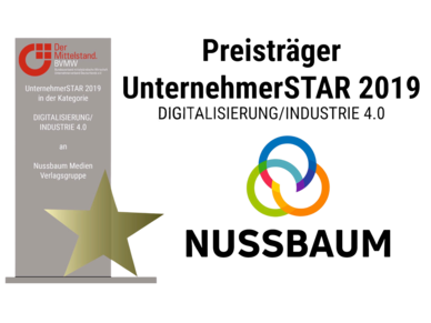 Auszeichnung des UnternehmerSTAR 2019 mit dem Schriftzug und dem Nussbaum Logo. 